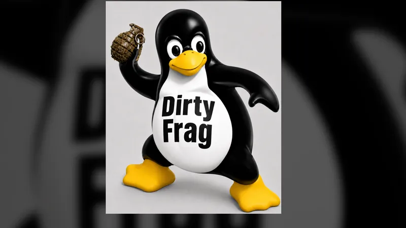 Illustration of Tux the Linux penguin holding a grenade, representing the Dirty Frag CVE-2026-43284 page-cache vulnerability.