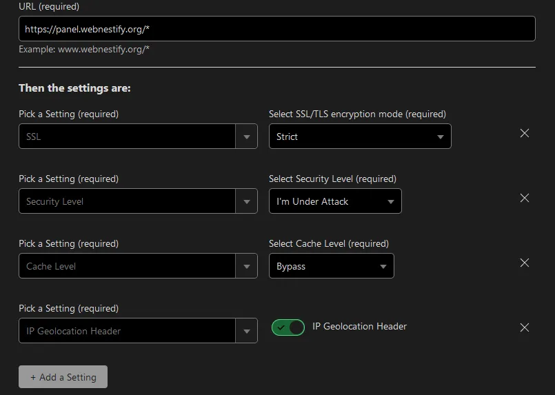 Enhance control panel installation Cloudflare page rules for the panel hostname forcing HTTPS and disabling caching