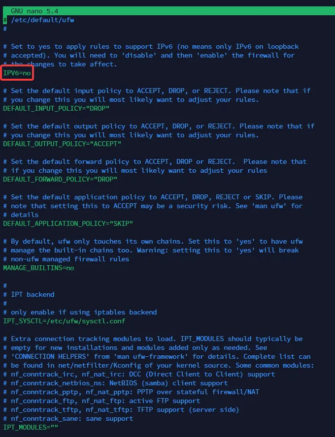 Linux server security: UFW default config edited so IPV6=no