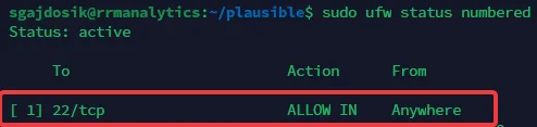 Linux server security: ufw status numbered output showing the configured ports