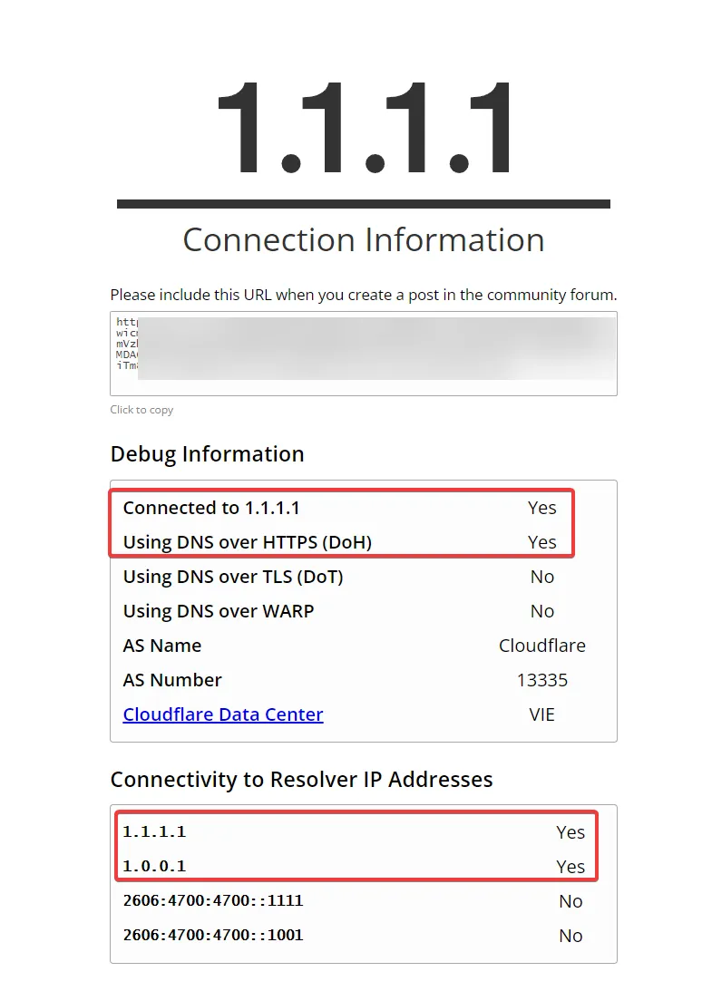 Cloudflare DoH resolver test page confirming Mistborn DNSCrypt routes through 1.1.1.1 with encrypted transport