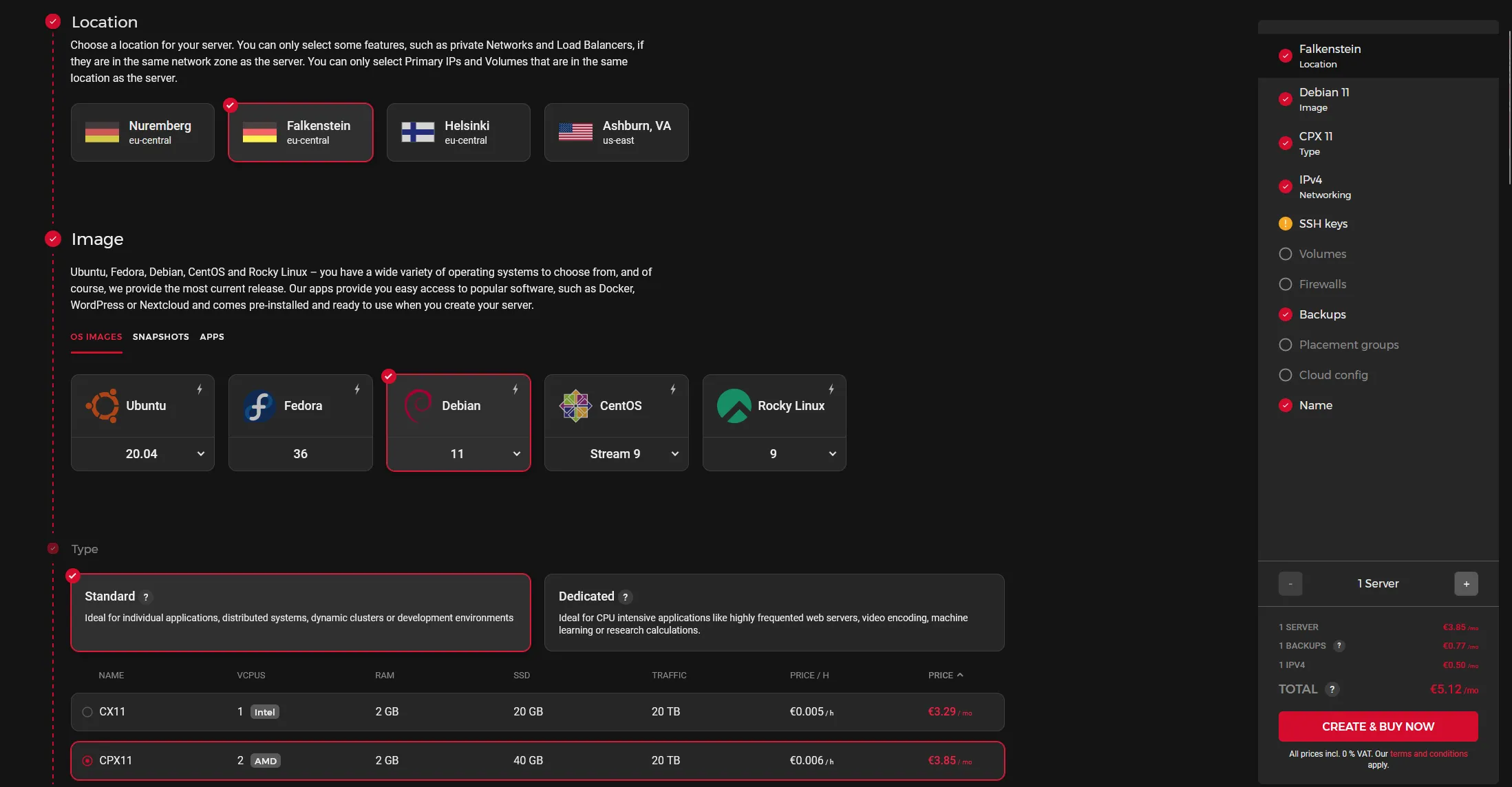 Hetzner CPX21 server-type configuration page used for the Plausible self-hosted analytics deployment