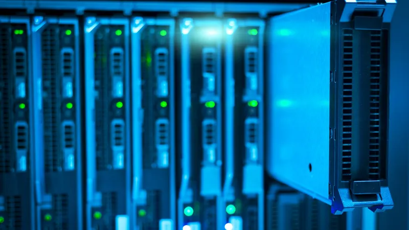 Blue-lit server blades with green status LEDs, representing rootless Docker running on a hardened Linux host
