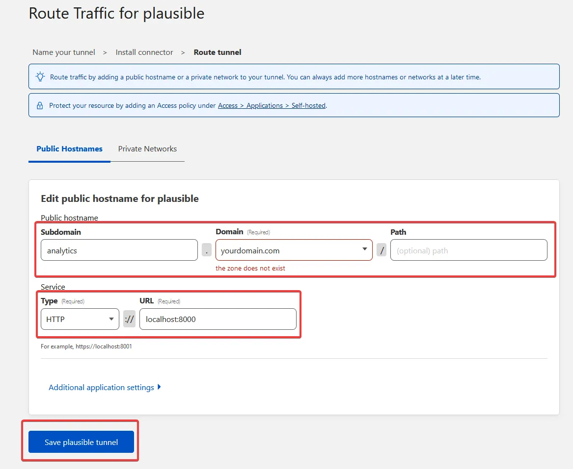 Stirling PDF self-hosted Cloudflare tunnel route configuration screen showing public hostname and service mapping