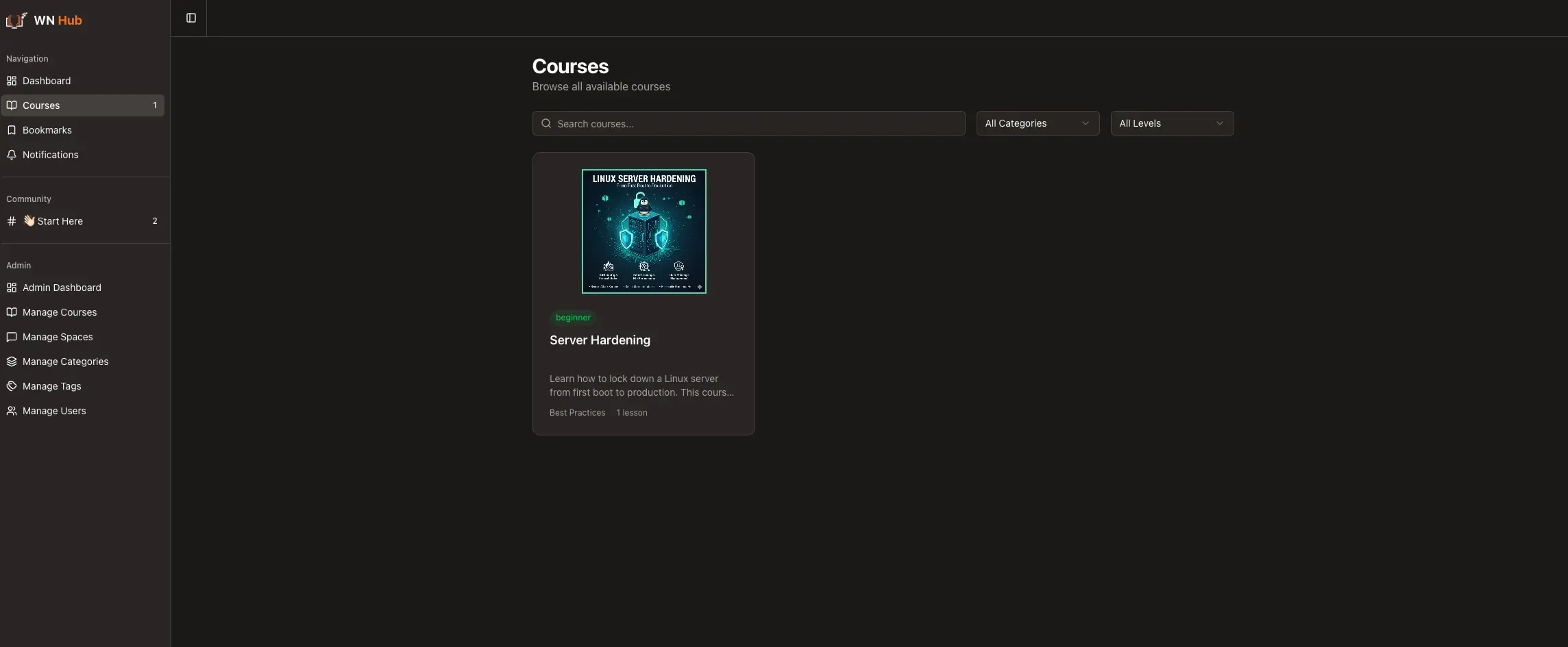 Webnestify Hub course management interface showing the structured learning content built across eight AI-assisted development phases