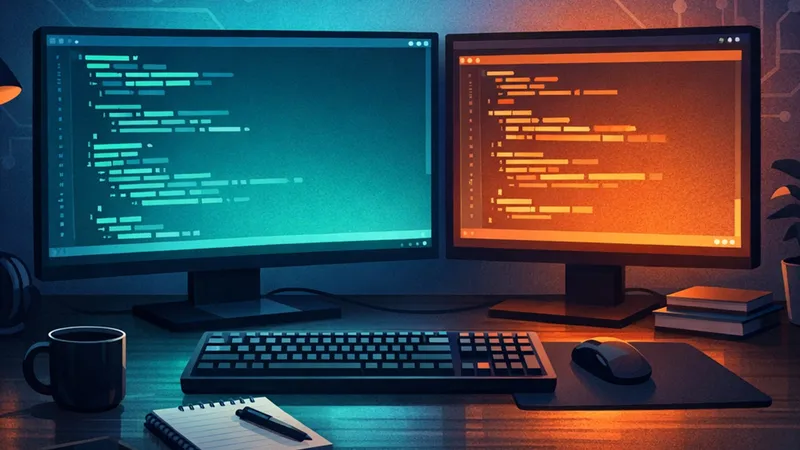 Two code terminals side by side on a developer desk, illustrating a Codex vs Claude Code workflow.