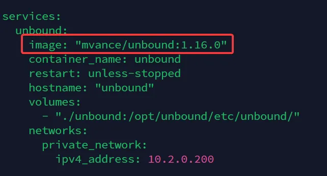 Wirehole Compose file with Unbound image pinned to mvance/unbound:1.16.0 instead of latest
