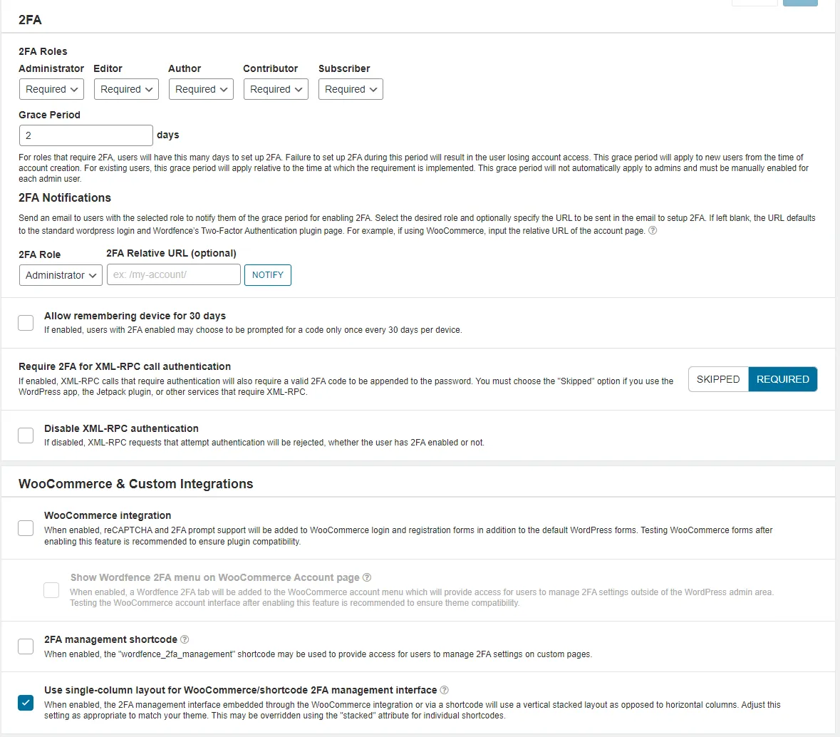 WordPress security: 2FA enrollment policy with role-based enforcement on login