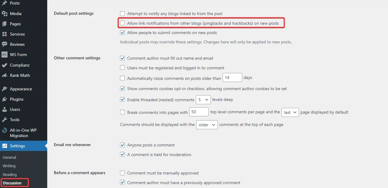 WordPress security: Discussion settings with pingbacks and trackbacks disabled for new articles